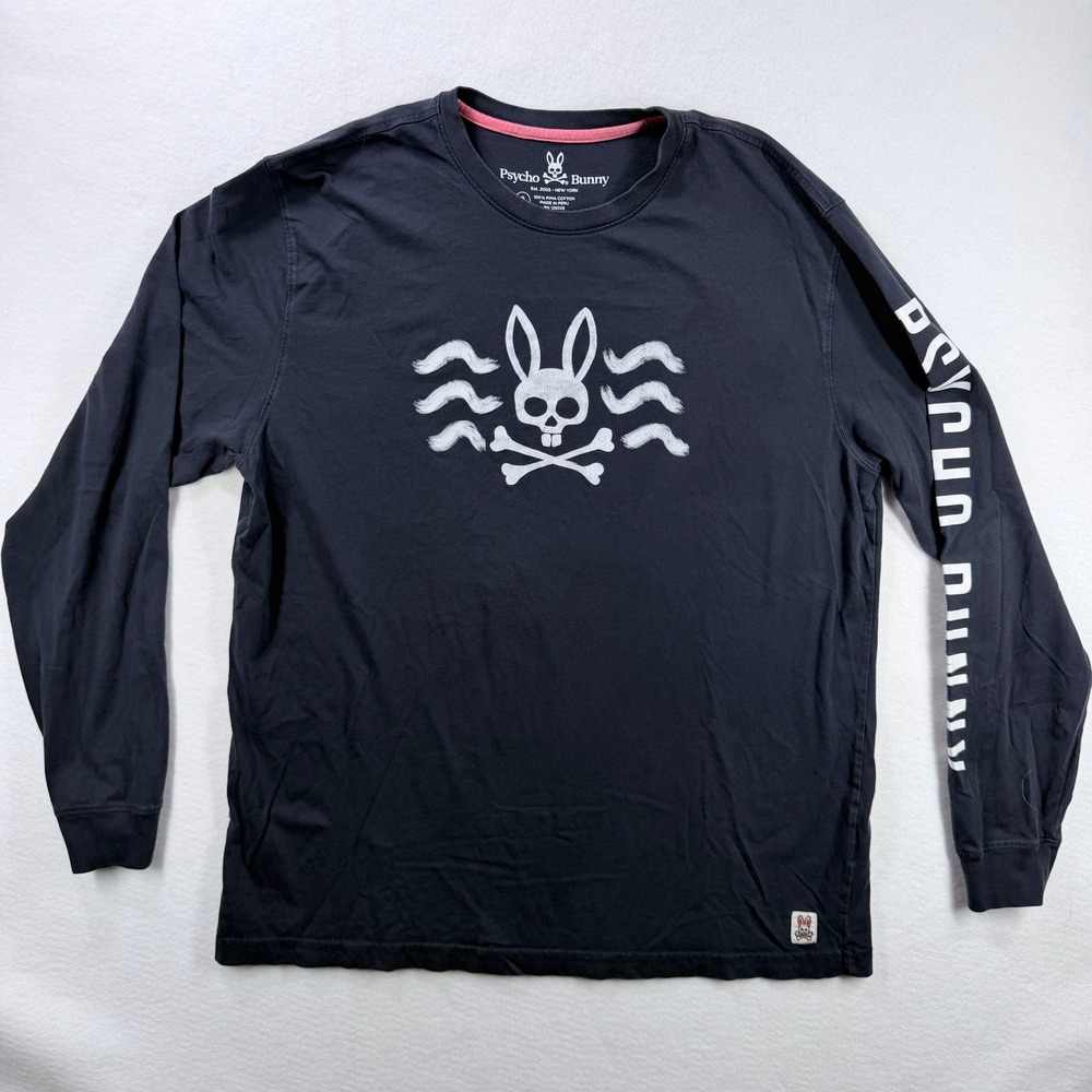 Psycho Bunny Mens Navy Blue Pima Cotton Long Sleeve Graphic Logo T-Shirt Size 8 - Picture 9 of 9